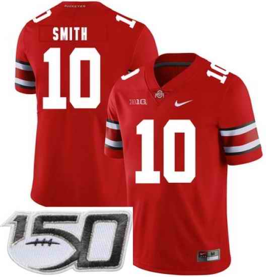 Ohio State Buckeyes 10 Troy Smith Red Nike College Football Stitched 150th Anniversary Patch Jersey